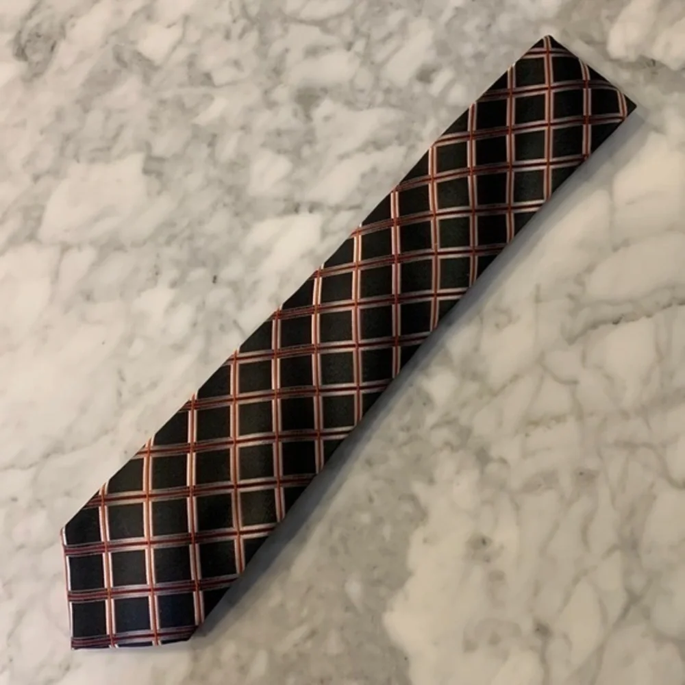 Mens black silver and red windowpane tie